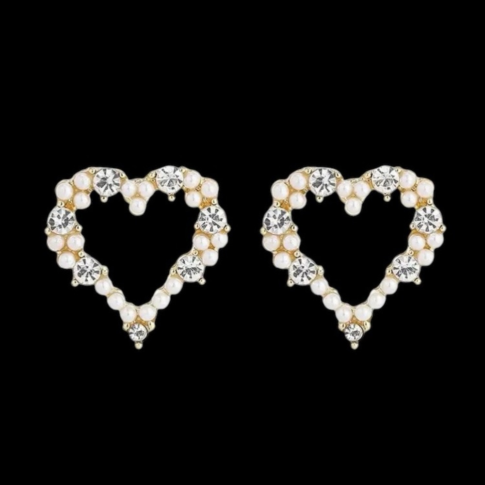 Pearl & Diamond Heart Gold Toned Stud Earrings - Picture 3 of 5